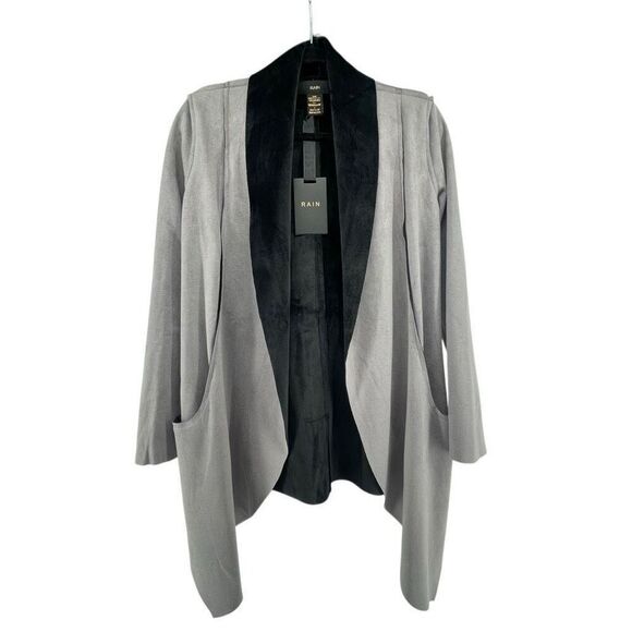 RAIN Women’s Grey Black Faux Suede Waterfall Drape Open Front Jacket Size Small - Picture 1 of 16